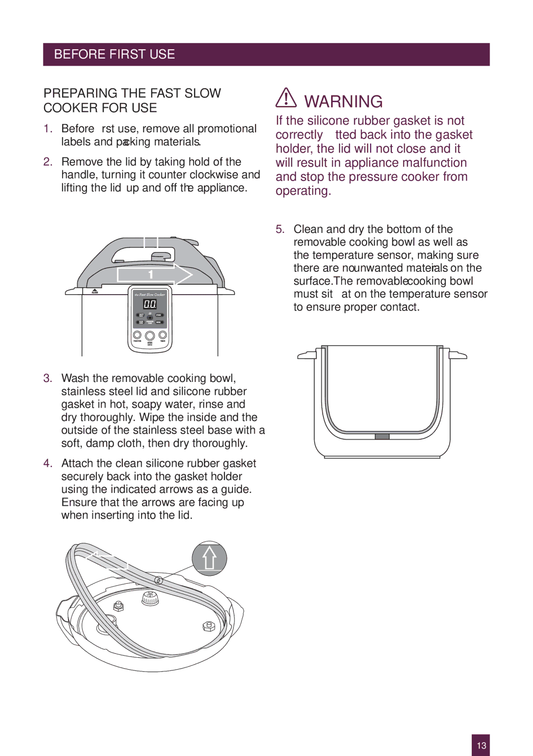 Breville BPR600XL Issue - A12 manual Before First USE, Preparing the Fast Slow Cooker for USE 