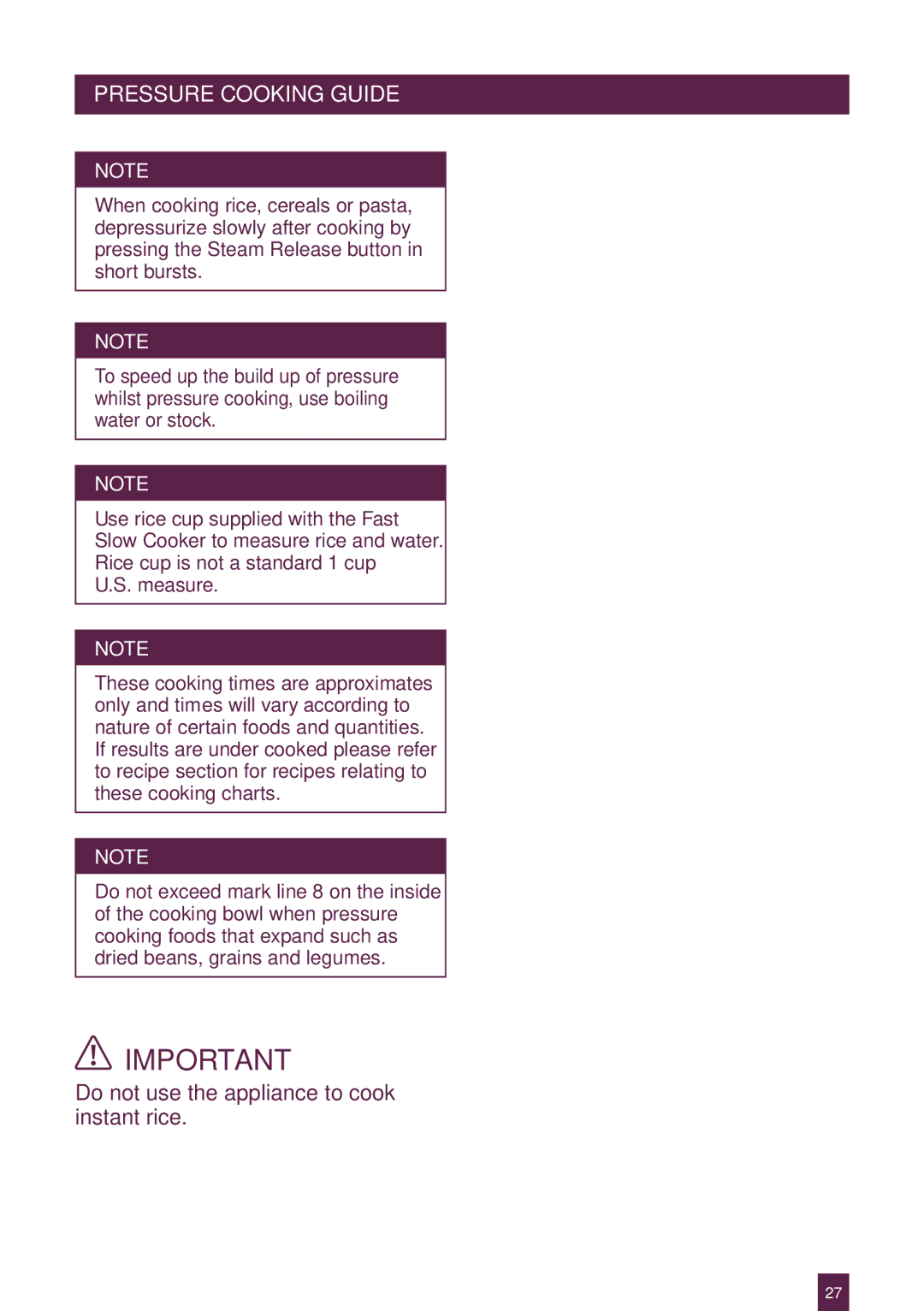 Breville BPR600XL Issue - A12 manual PRESSUREAGEHEADERCOOKING..... Guide, Do not use the appliance to cook instant rice 