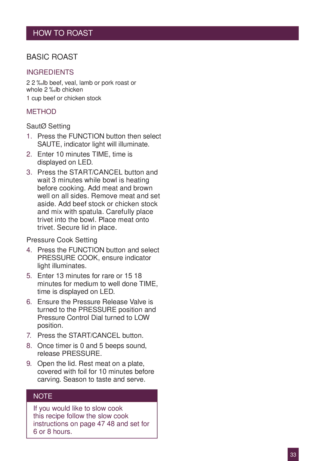 Breville BPR600XL Issue - A12 manual HOW to Roastslow Cook, Basic Roast 