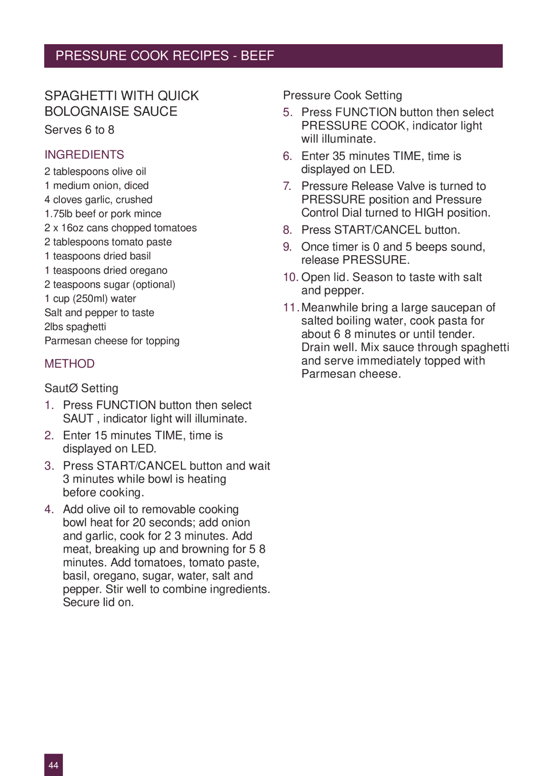 Breville BPR600XL Issue - A12 manual Spaghetti with Quick Bolognaise Sauce 