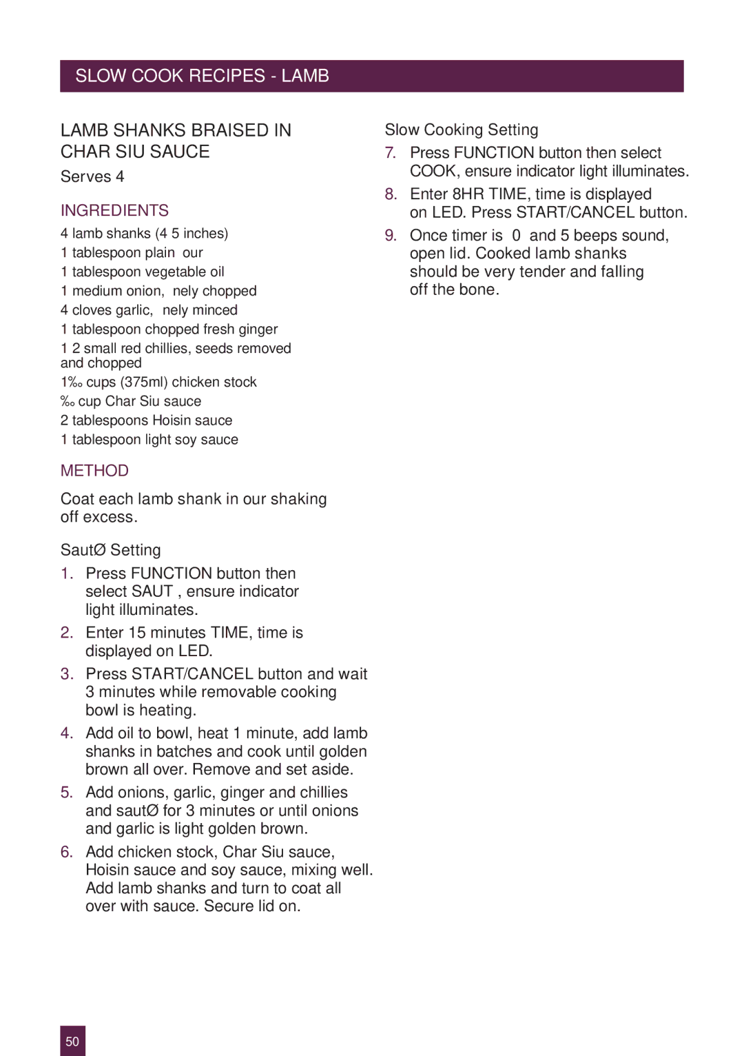 Breville BPR600XL Issue - A12 manual Pageslowheadercook .....ECIPES Lamb, Lamb Shanks Braised Char SIU Sauce 