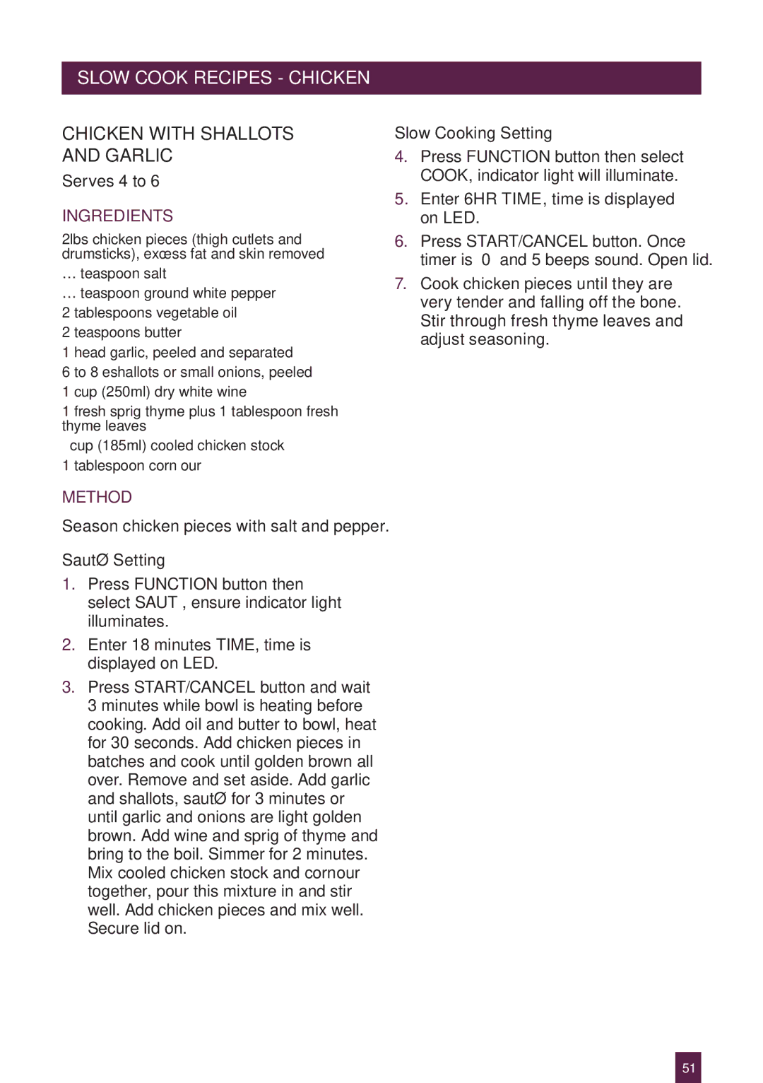 Breville BPR600XL Issue - A12 manual Pageslowheadercook .....ECIPES Chicken, Chicken with Shallots and Garlic 