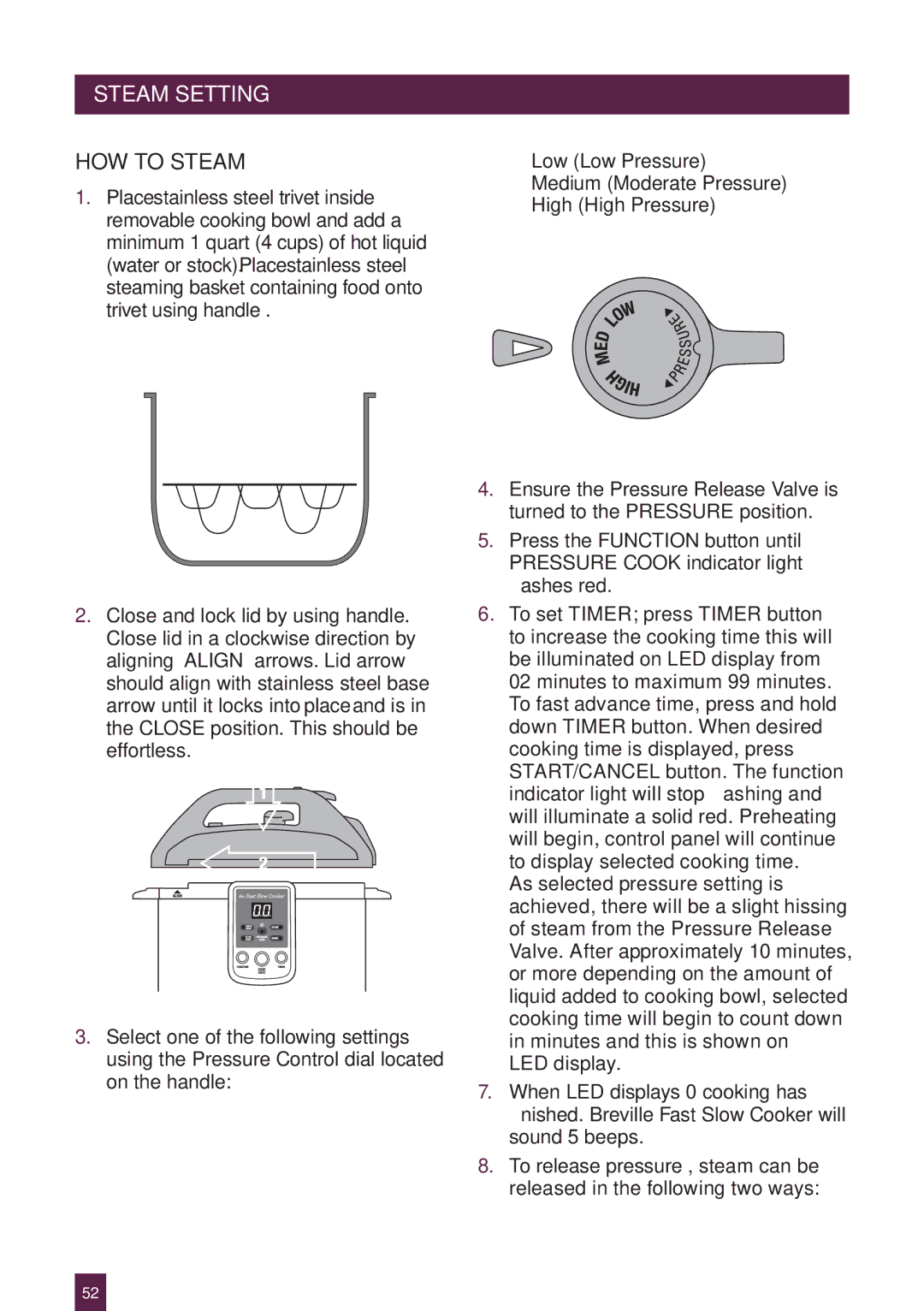 Breville BPR600XL Issue - A12 manual Pagesteamheadersetting, HOW to Steam 