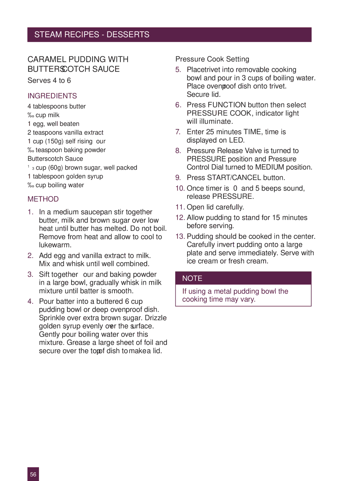Breville BPR600XL Issue - A12 manual Caramel Pudding with Butterscotch Sauce, Pressure Cook Setting 