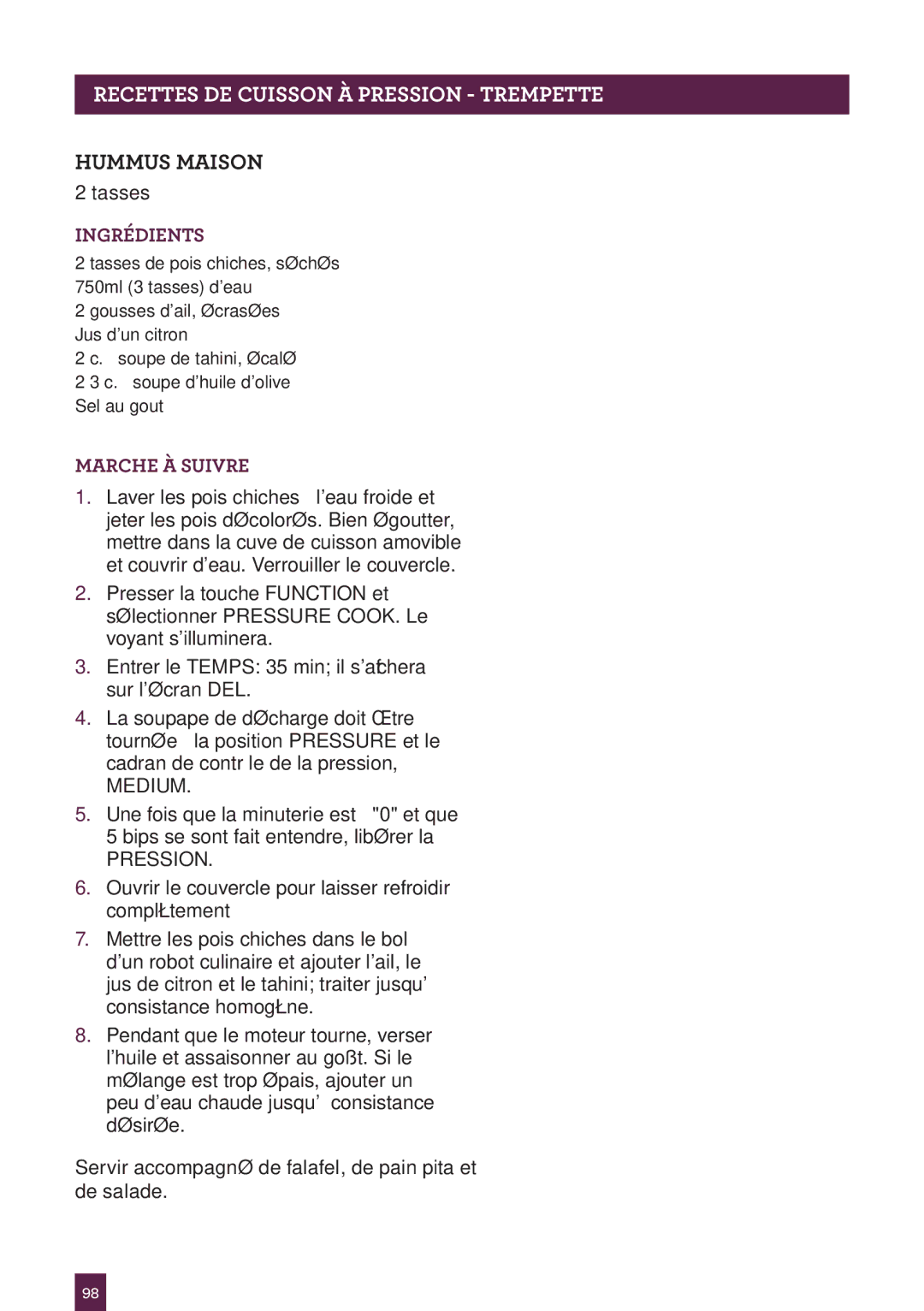 Breville BPR600XL Issue - A12 manual Pagettesrec H ADERCUISSON..... À Pression Trempette, Hummus Maison 