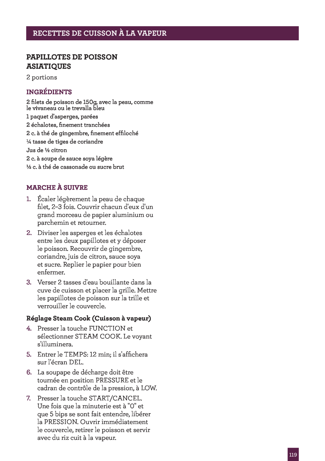 Breville BPR600XL Issue - A12 manual Recettes De Cuisson À La Vapeur, Papillotes De Poisson Asiatiques, Ingrédients 