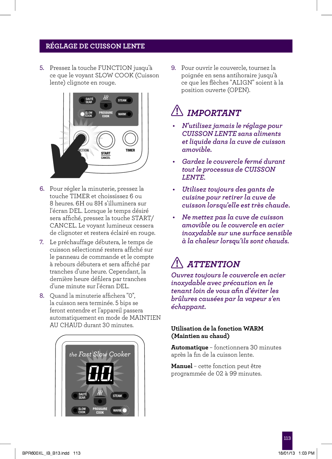 Breville BPR600XL manual Utilisation de la fonction Warm Maintien au chaud 