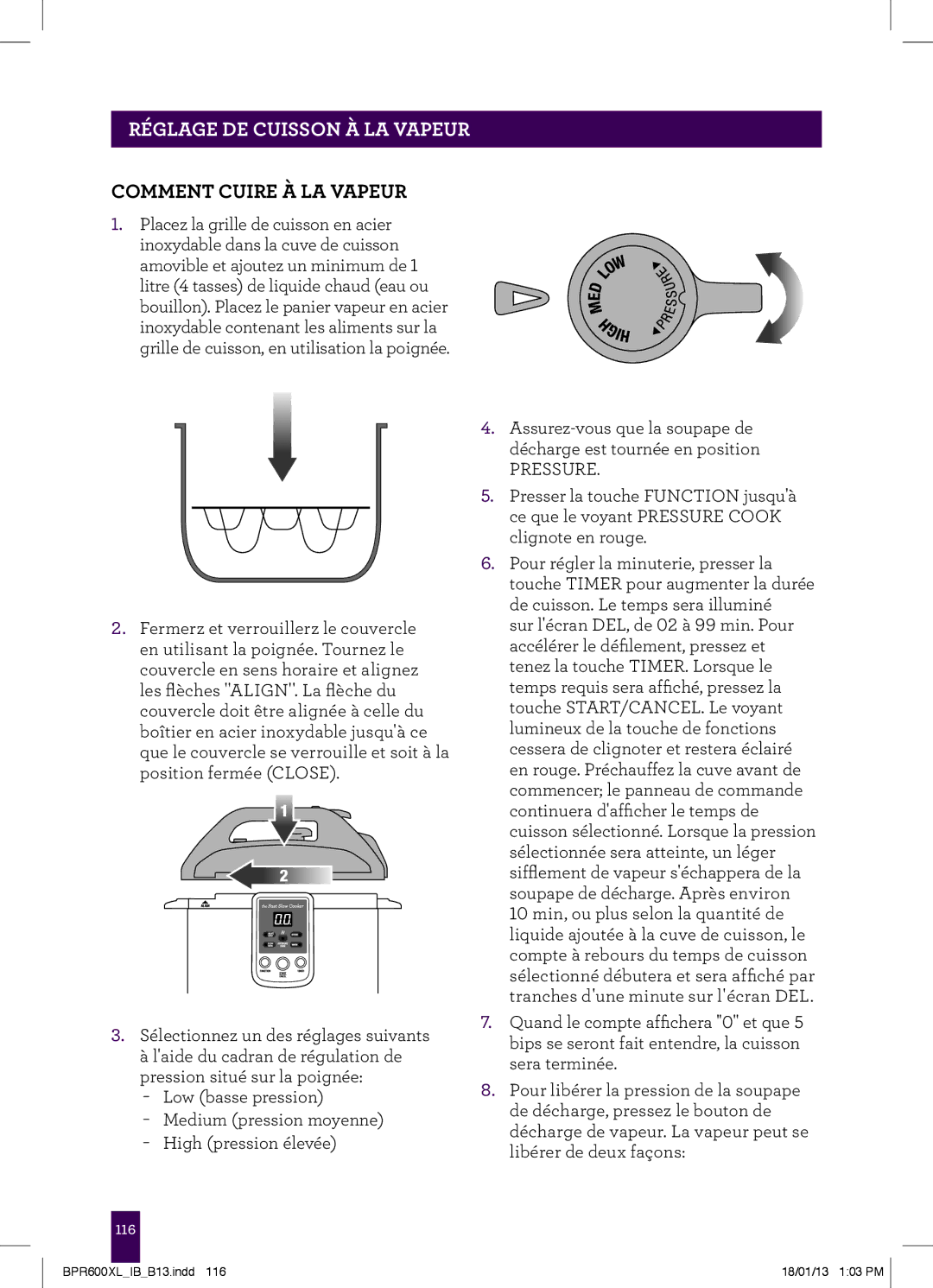 Breville BPR600XL manual PAgeRÉGLAGEheaderDE CUISSON..... À LA Vapeur, Comment Cuire À LA Vapeur 