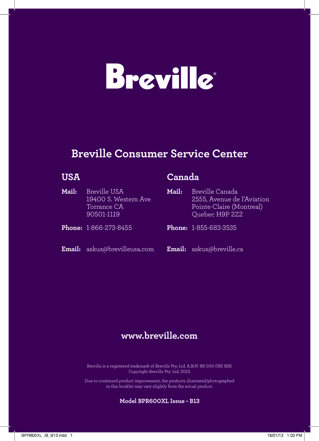 Breville BPR600XL manual Mail, Phone 