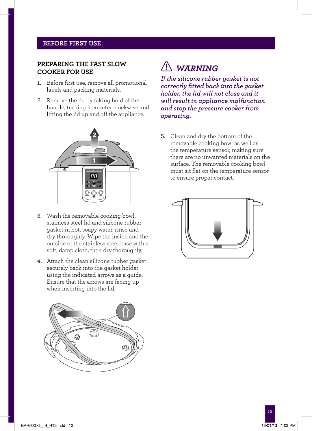 Breville BPR600XL manual Before first use, Preparing the fast Slow Cooker for use 