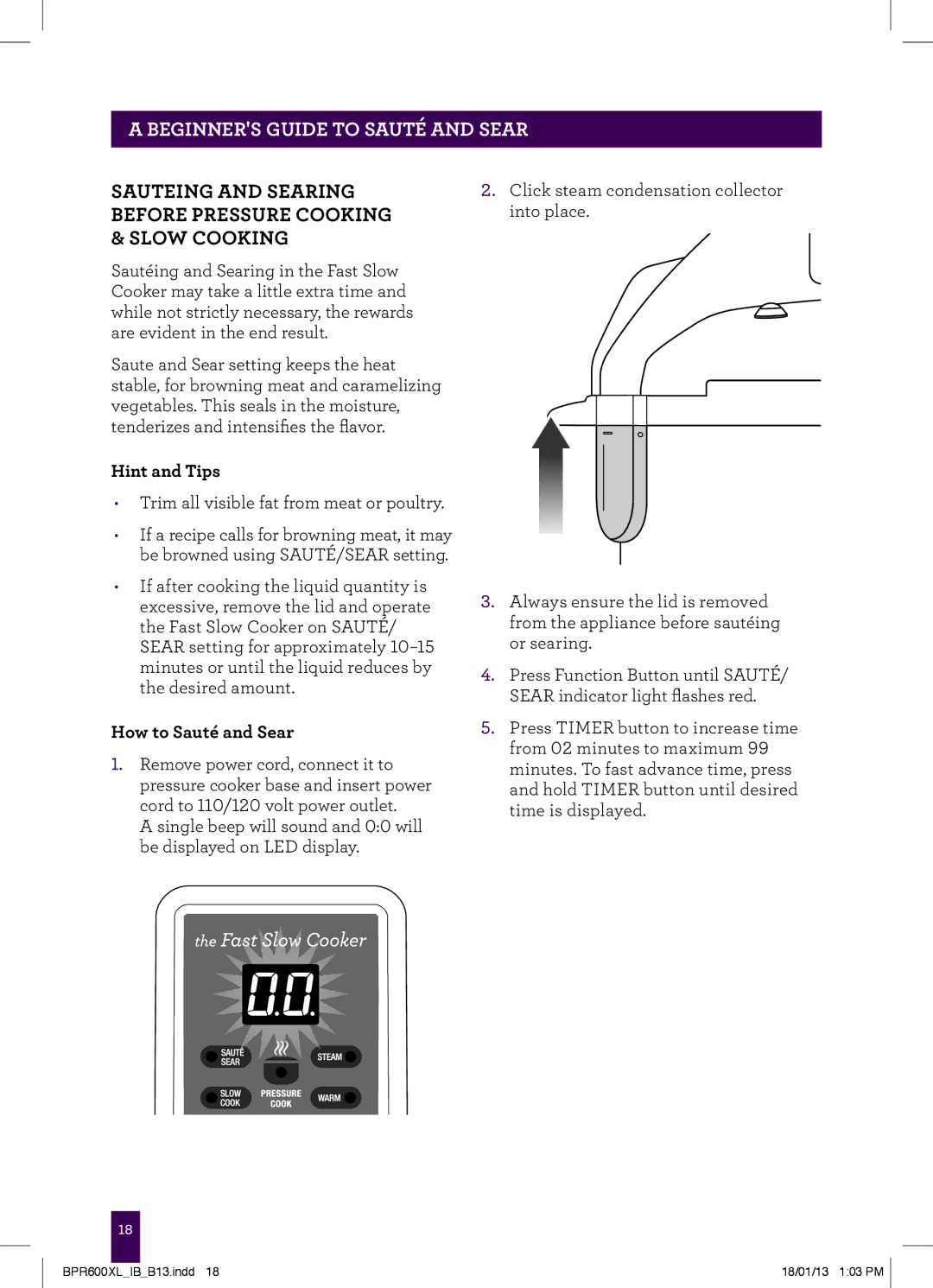 Breville BPR600XL manual PAgebeginNheaders.....guide to sautÉ and sear, Hint and Tips, How to Sauté and Sear 