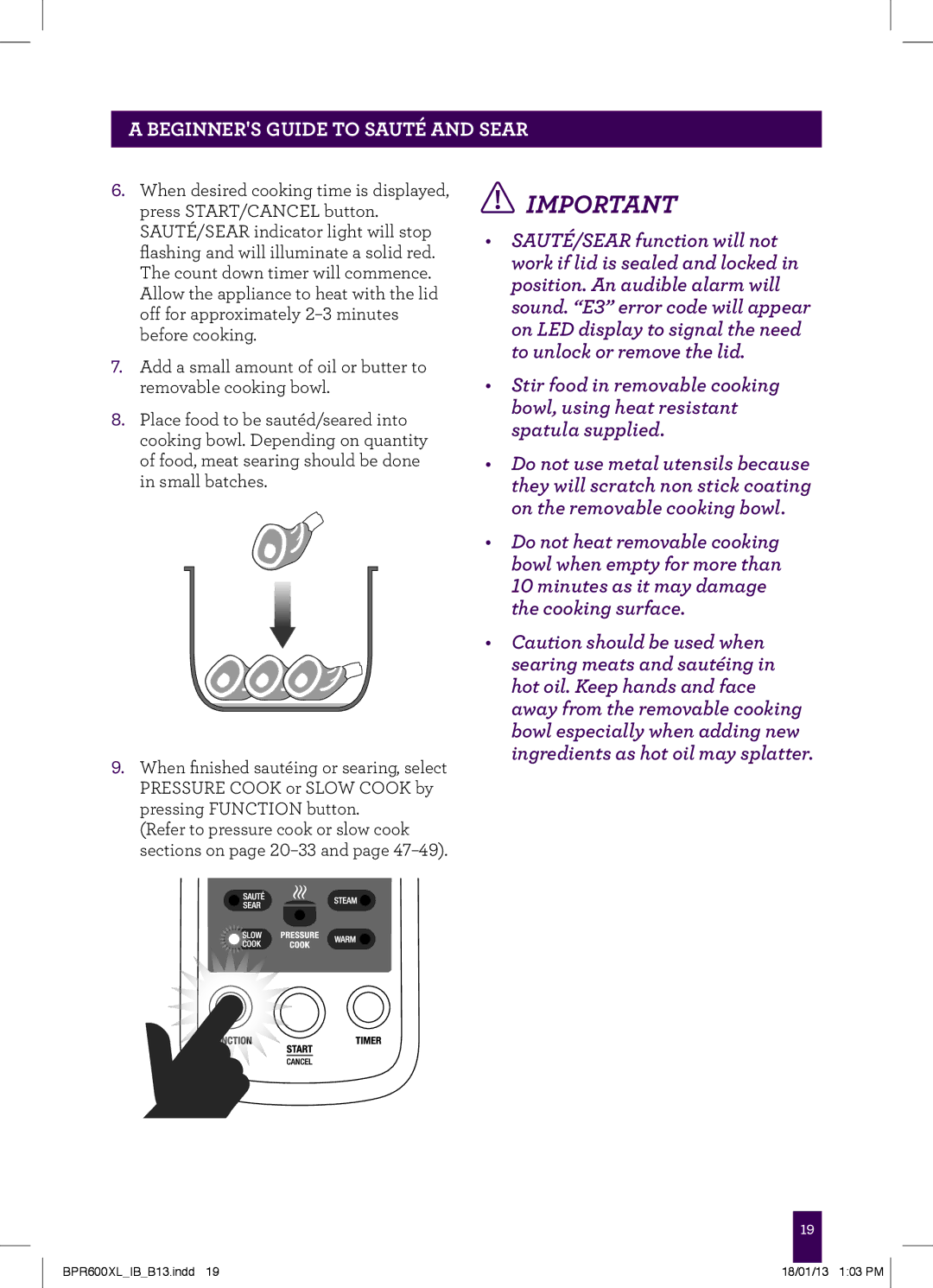 Breville BPR600XL manual PAgebeginnersheader.....guide to Sauté and Sear 