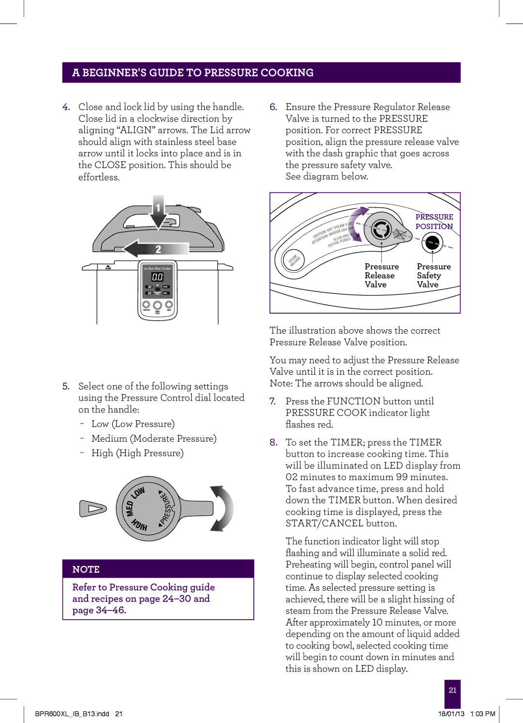 Breville BPR600XL manual Refer to Pressure Cooking guide and recipes on page 24-30 