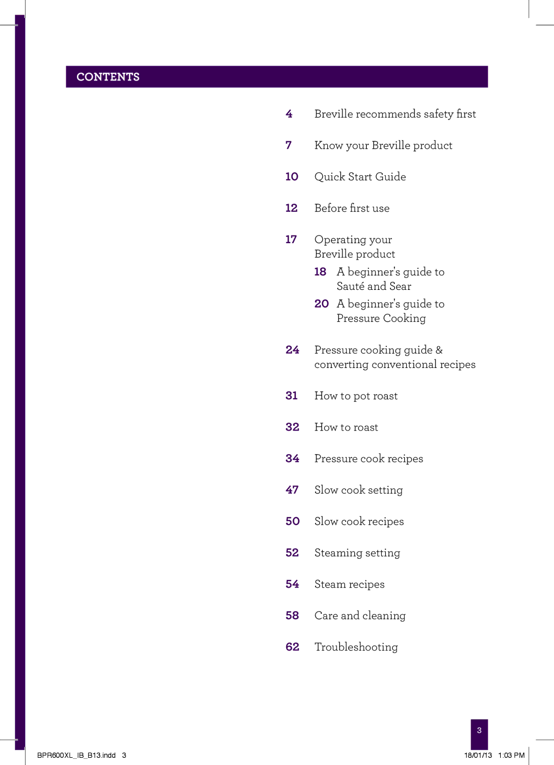 Breville BPR600XL manual Contents 