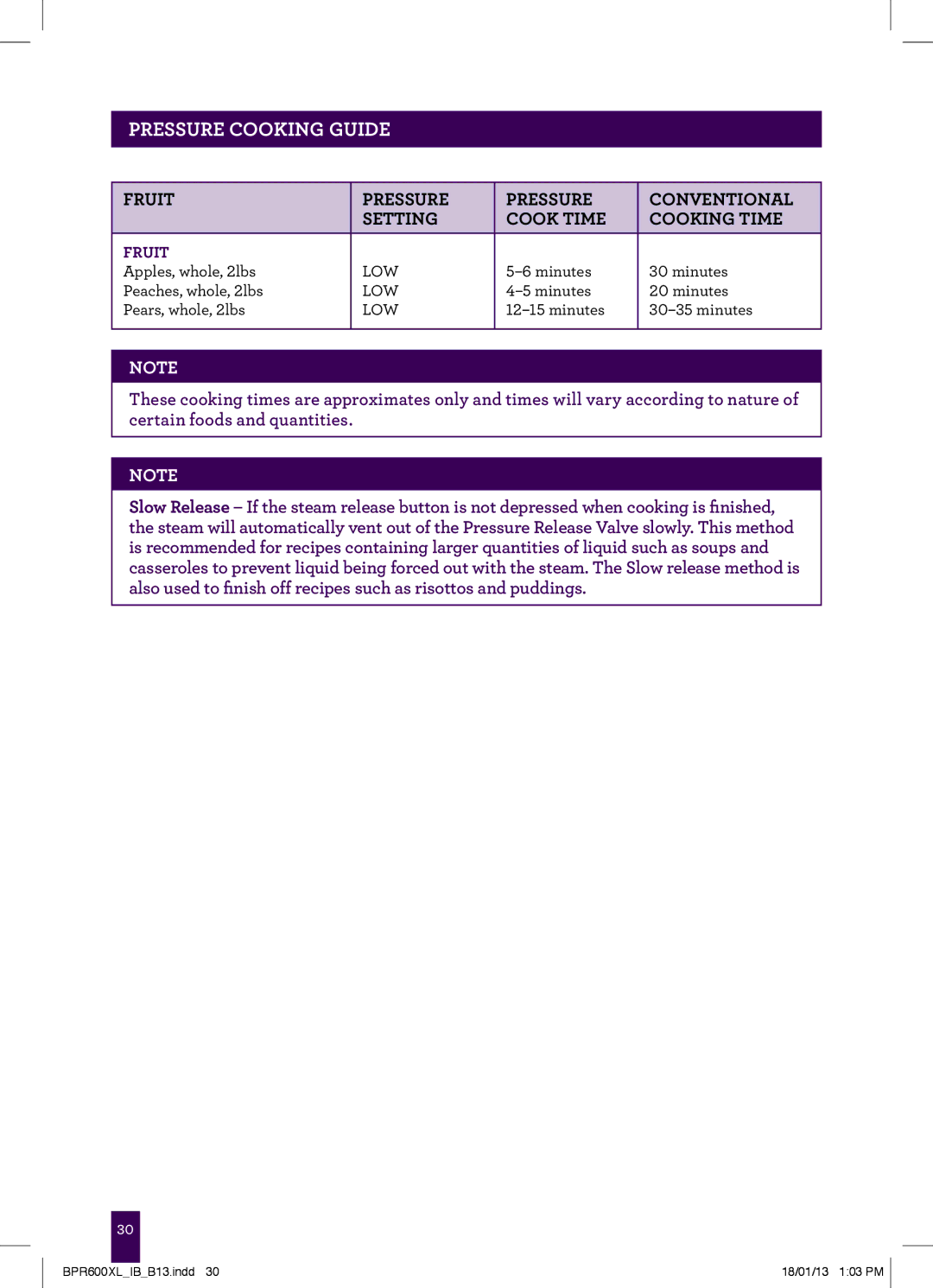 Breville BPR600XL manual Fruit Pressure Conventional Setting Cook Time Cooking Time 
