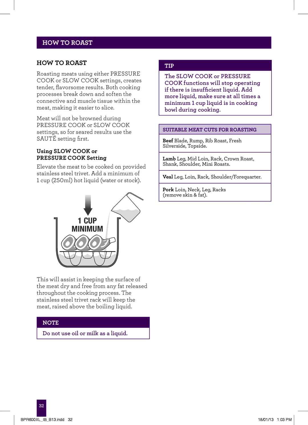 Breville BPR600XL manual HOW to Roast, Using Slow Cook or Pressure Cook Setting 