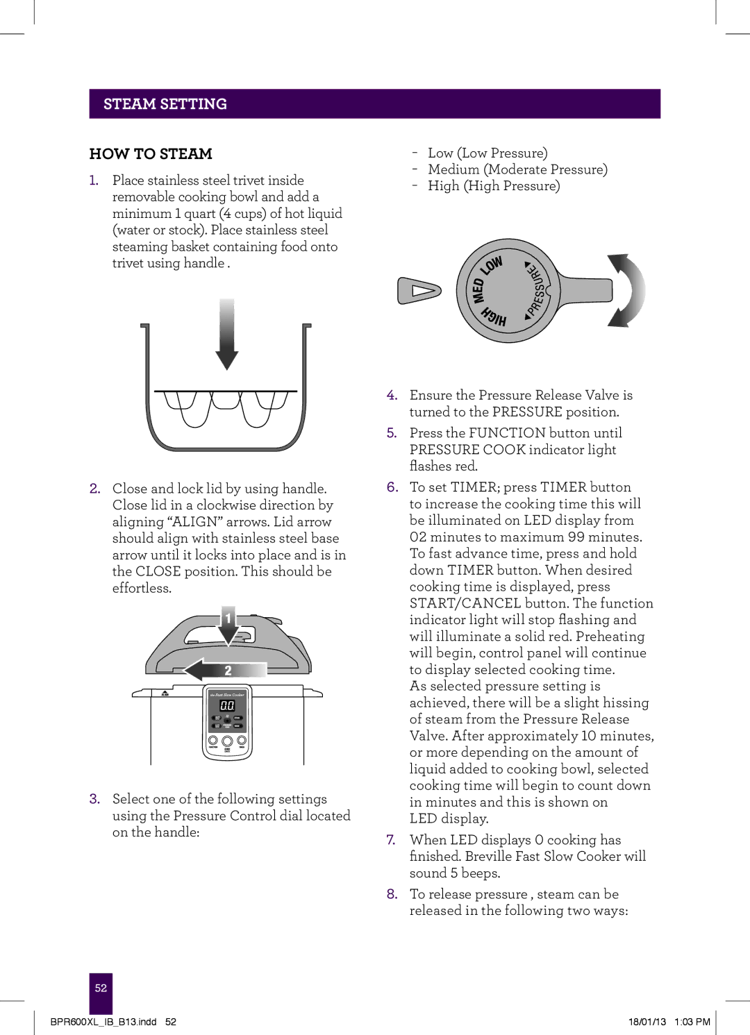 Breville BPR600XL manual PAgeSTEAMheaderSETTING, HOW to Steam 