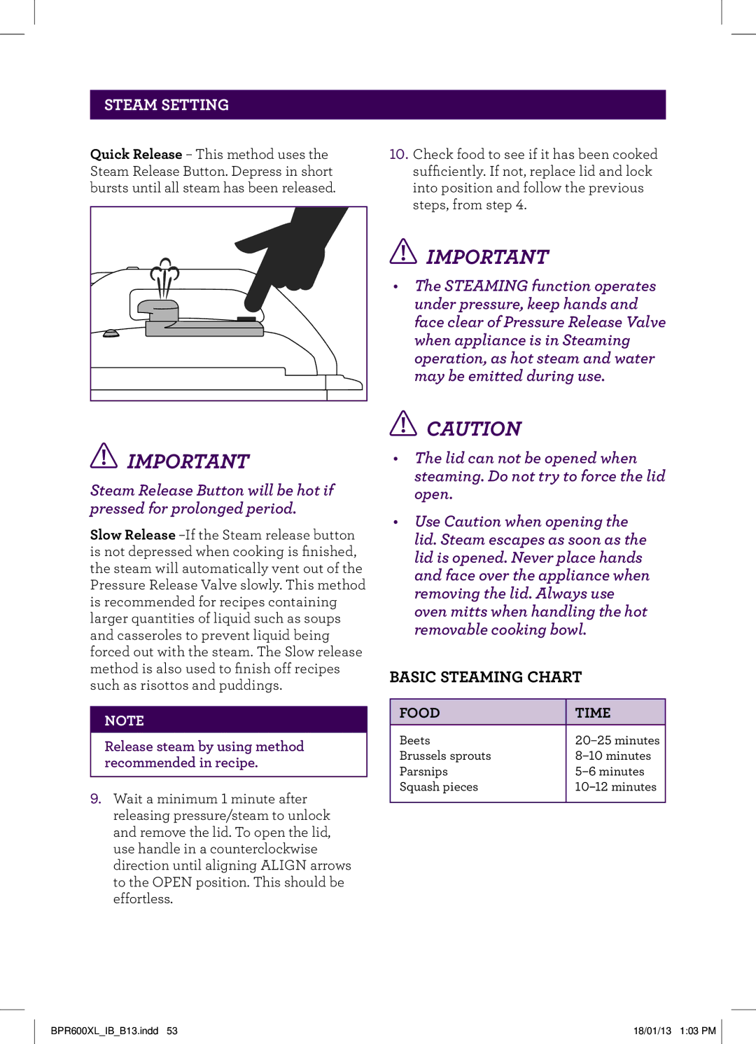 Breville BPR600XL manual Basic Steaming Chart, Food 