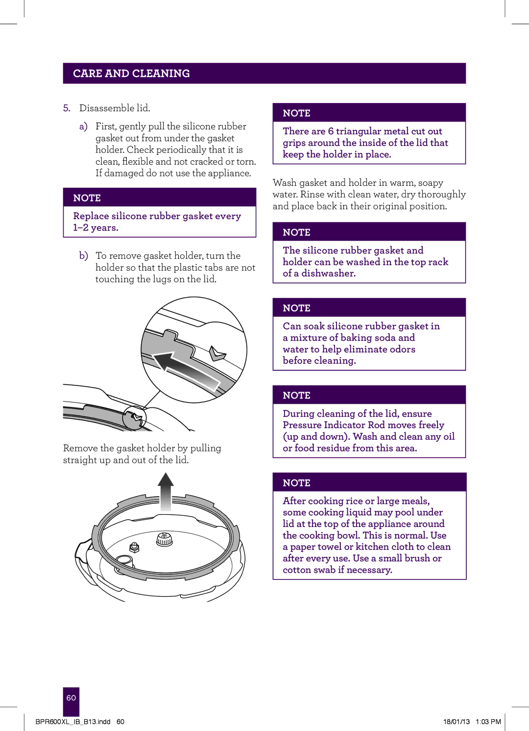 Breville BPR600XL manual PCAREge headerAND Cleaning, Replace silicone rubber gasket every 1-2 years 