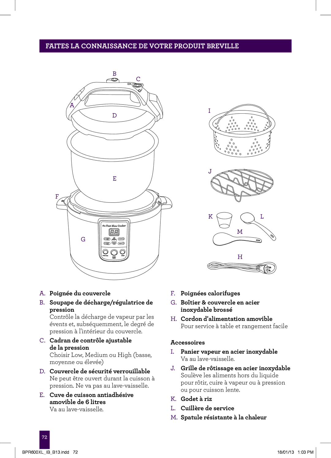 Breville BPR600XL manual Cadran de contrôle ajustable de la pression 