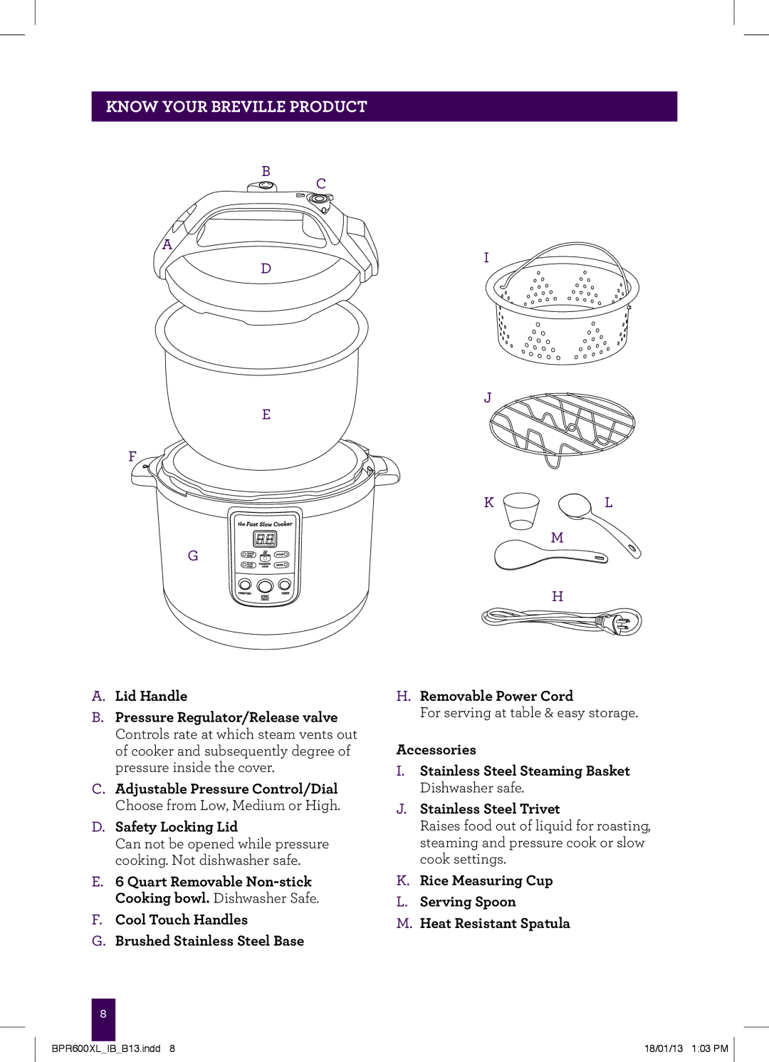 Breville BPR600XL manual Know Your Breville Product, Rice Measuring Cup Serving Spoon Heat Resistant Spatula 