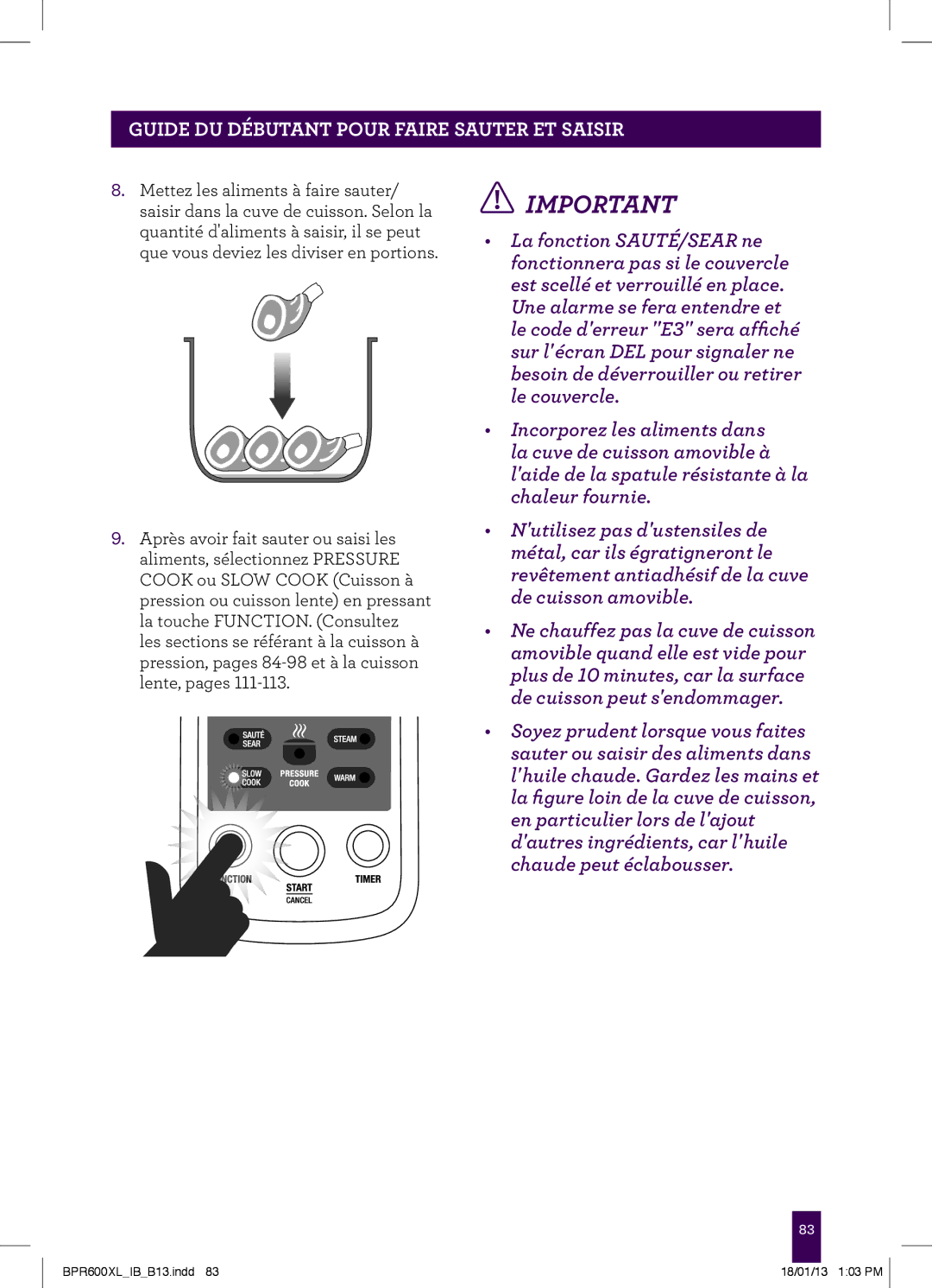 Breville BPR600XL manual PAgeGUIDEheaderDU DÉBUTANT..... Pour Faire Sauter ET Saisir 