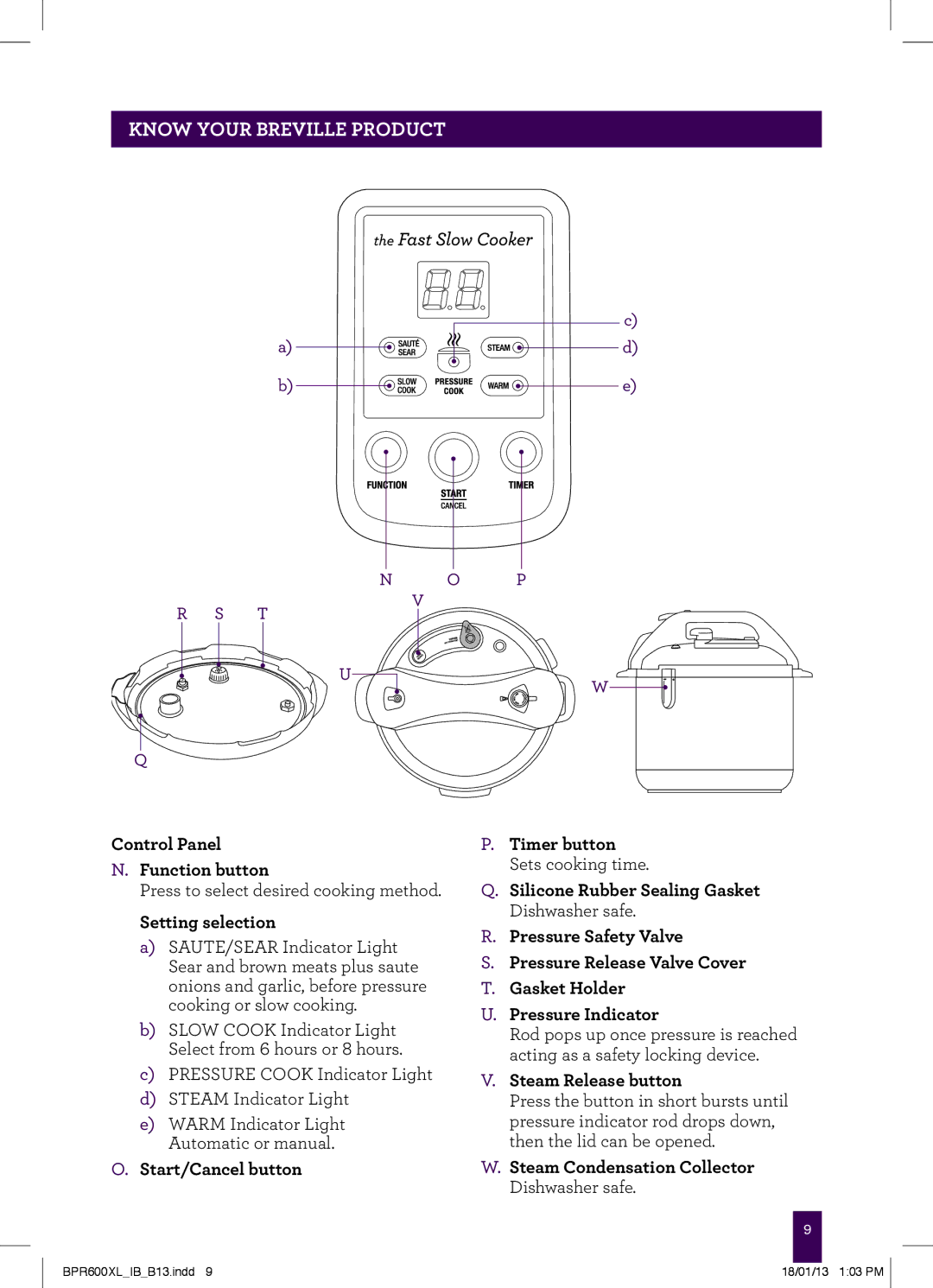 Breville BPR600XL manual Control Panel Function button, Setting selection, Steam Release button 