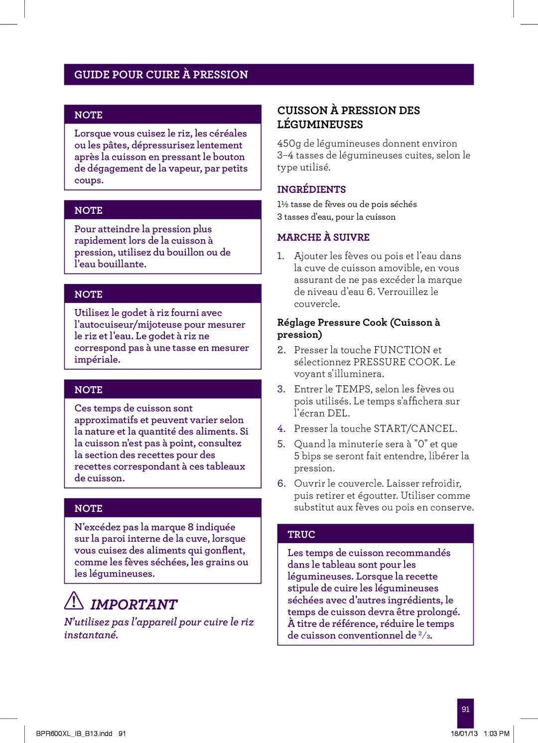 Breville BPR600XL manual Cuisson À Pression DES Légumineuses, Réglage Pressure Cook Cuisson à pression 