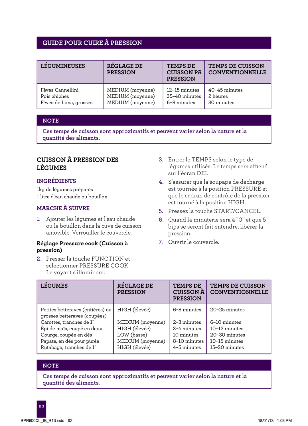 Breville BPR600XL manual Cuisson À Pression DES Légumes 