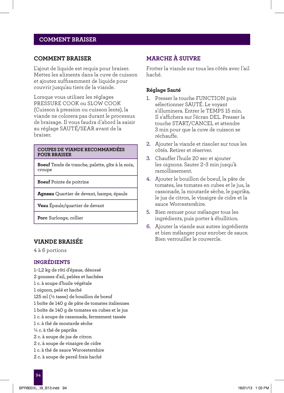 Breville BPR600XL manual PAgeCOMMENTheaderBRAISER, Comment Braiser, Viande Braisée, Marche À Suivre, Ingrédients 