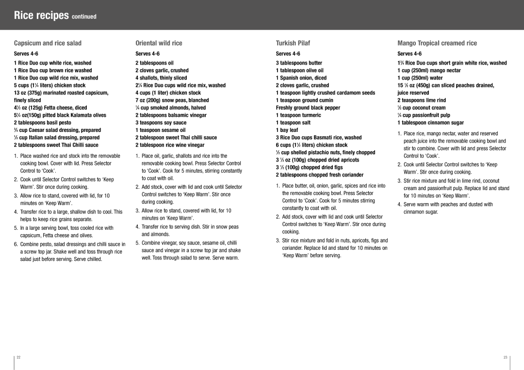 Breville BRC350XL manual Capsicum and rice salad, Oriental wild rice, Turkish Pilaf, Mango Tropical creamed rice 