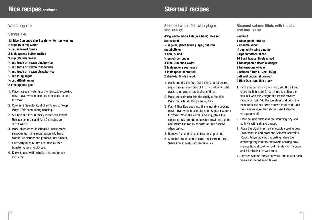 Breville BRC350XL manual Rice recipes Steamed recipes, Wild berry rice Serves, Steamed whole fish with ginger and shallot 