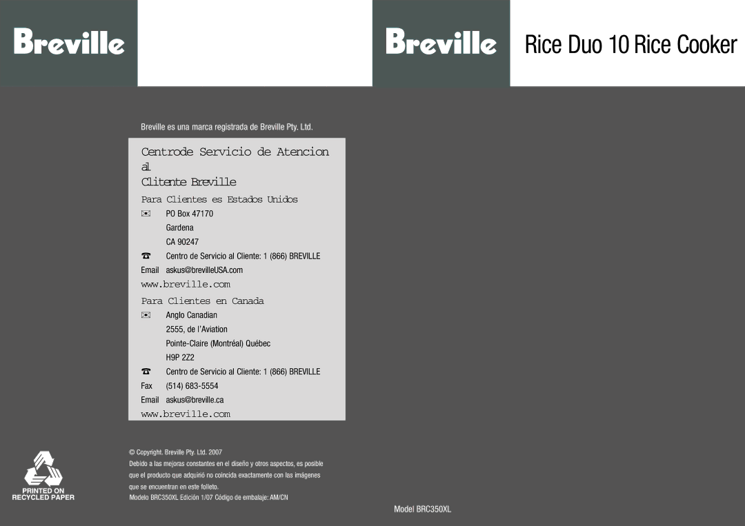 Breville BRC350XL manual Centrode Servicio de Atencion al Clitente Breville 