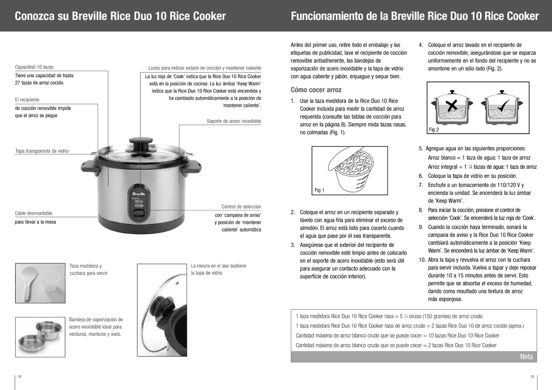 Breville BRC350XL manual Conozca su Breville Rice Duo 10 Rice Cooker, Cómo cocer arroz 