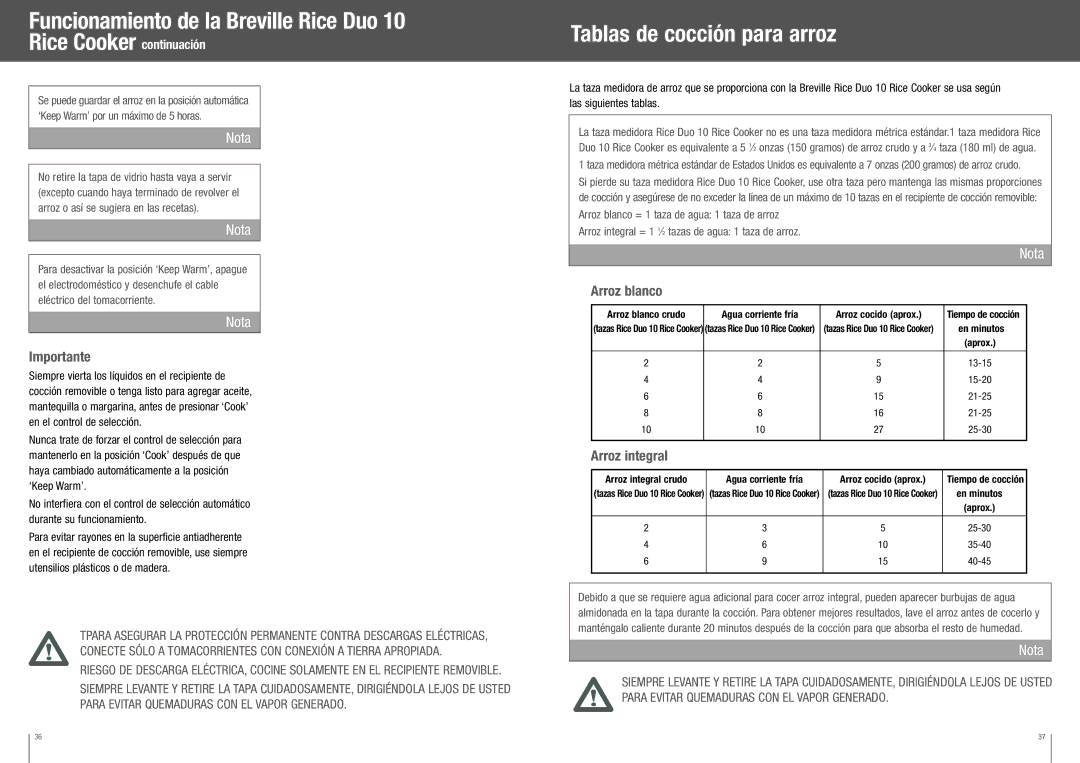 Breville BRC350XL manual Tablas de cocción para arroz, Importante, Arroz blanco, Arroz integral, En minutos 