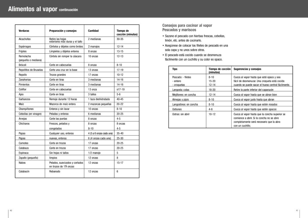 Breville BRC350XL manual Alimentos al vapor continuación, Consejos para cocinar al vapor Pescados y mariscos 
