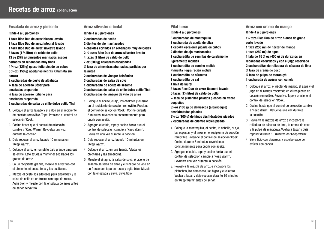 Breville BRC350XL manual Recetas de arroz continuación, Ensalada de arroz y pimiento, Arroz silvestre oriental, Pilaf turco 