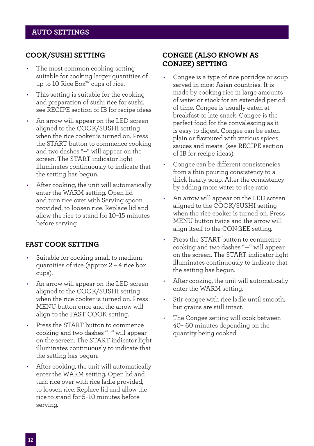 Breville BRC460 brochure Auto settings, Cook/sushi setting, Fast Cook setting, Congee also known as Conjee setting 