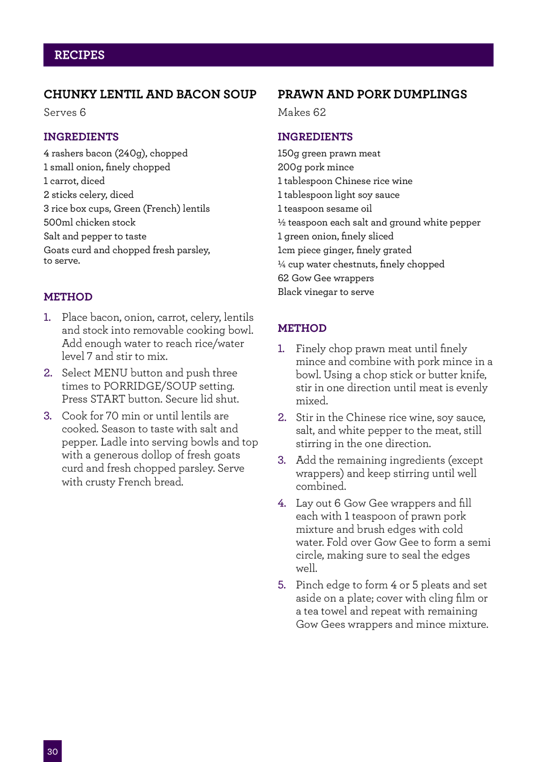 Breville BRC460 brochure Chunky Lentil and bacon soup, Prawn and pork dumplings 