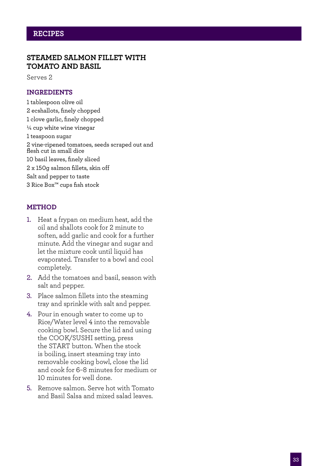 Breville BRC460 brochure Steamed Salmon fillet with tomato and basil 