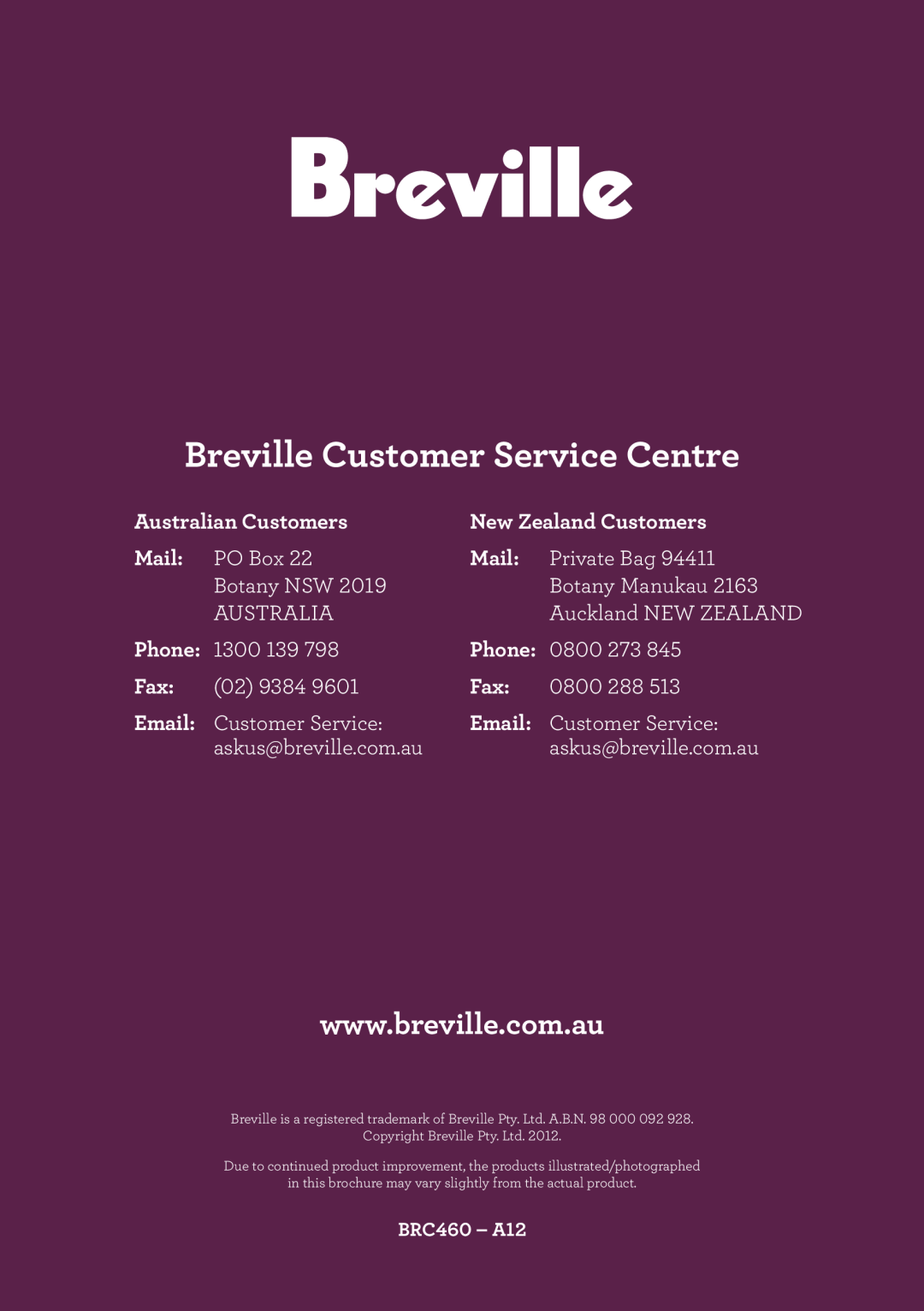 Breville BRC460 brochure Australian Customers, New Zealand Customers, Mail, Phone, Breville Customer Service Centre, Email 