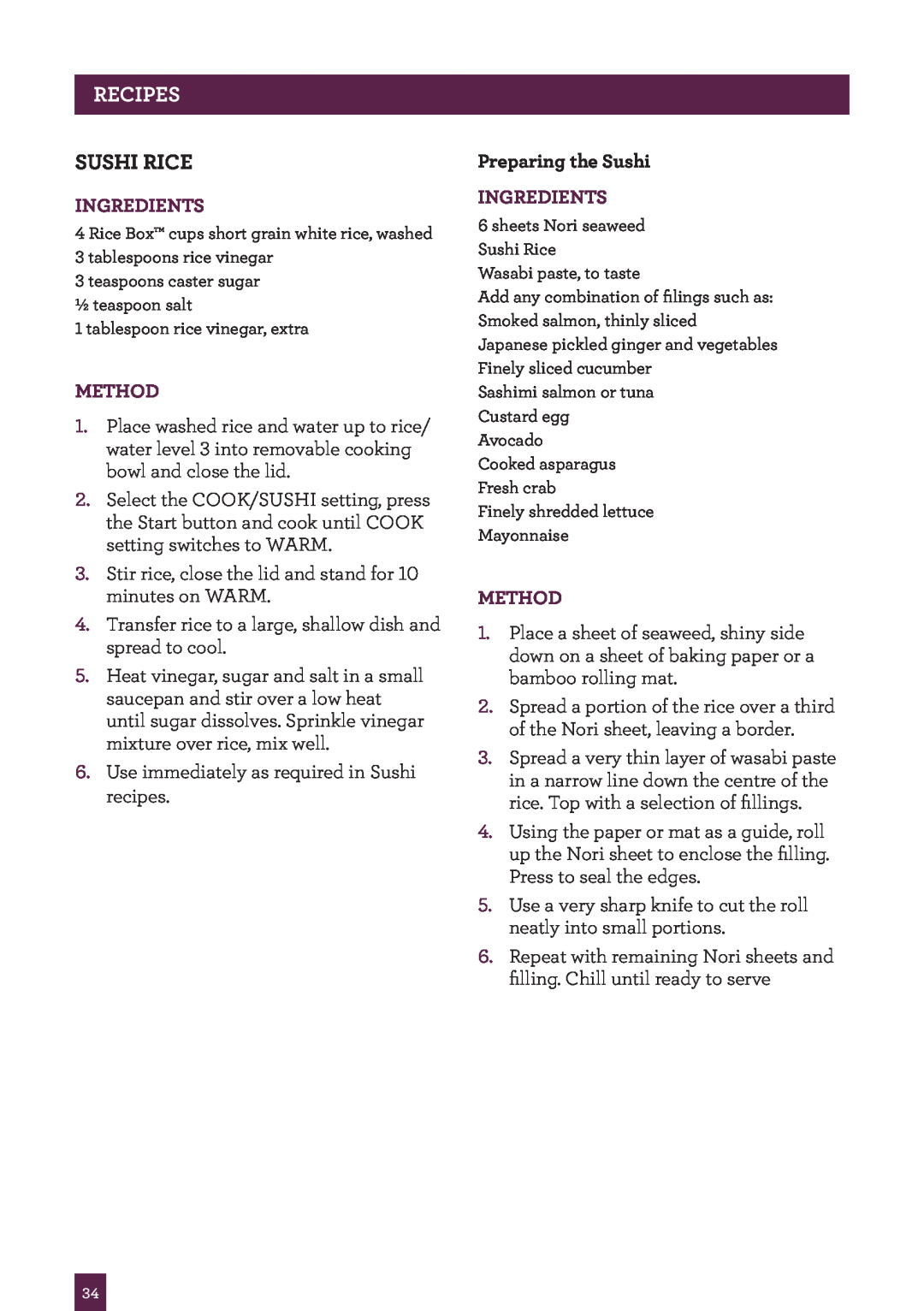 Breville BRC460 brochure Sushi Rice, Recipes, Ingredients, Method 