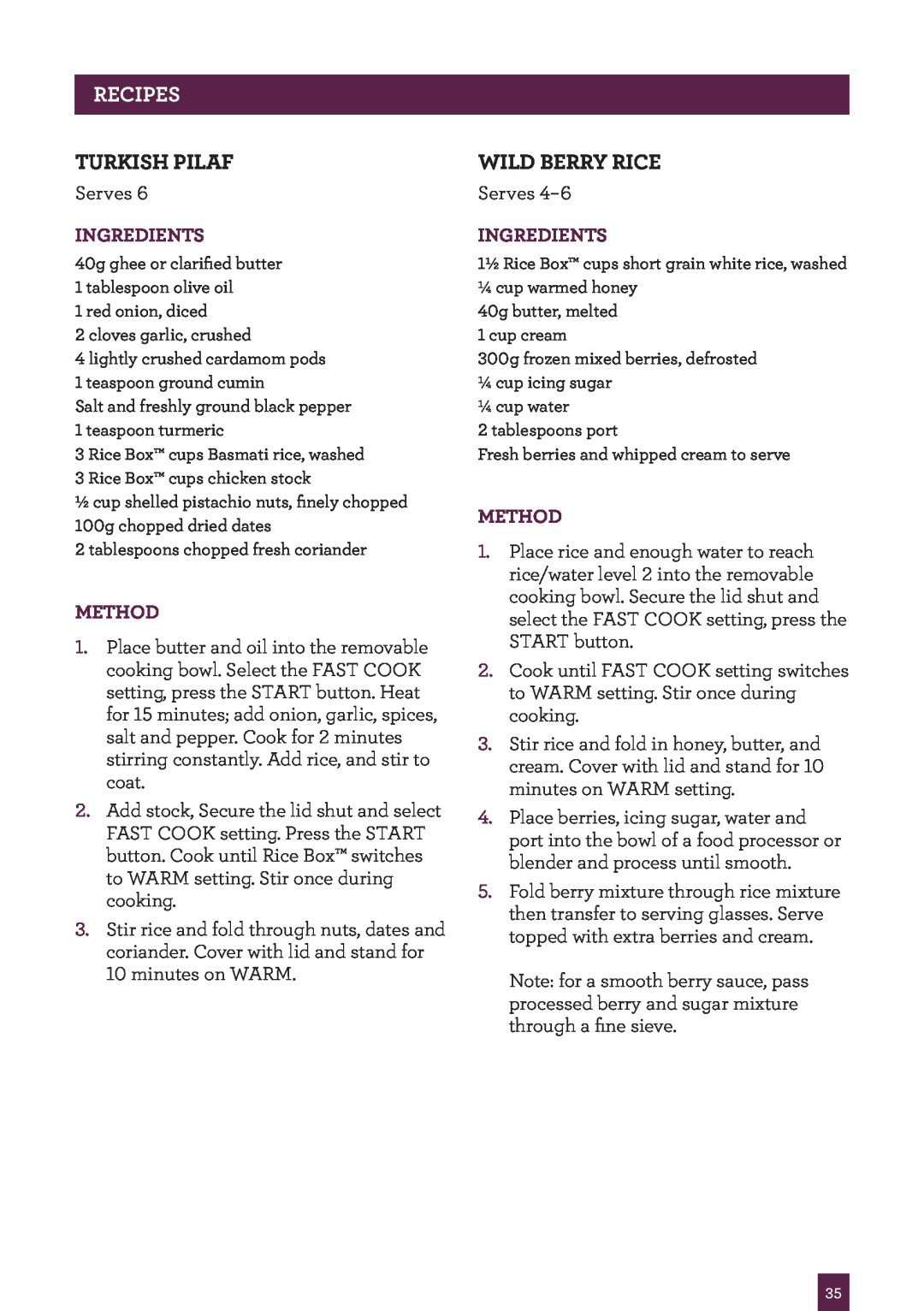 Breville BRC460 brochure Turkish Pilaf, Wild Berry Rice, Recipes, Ingredients, Method 