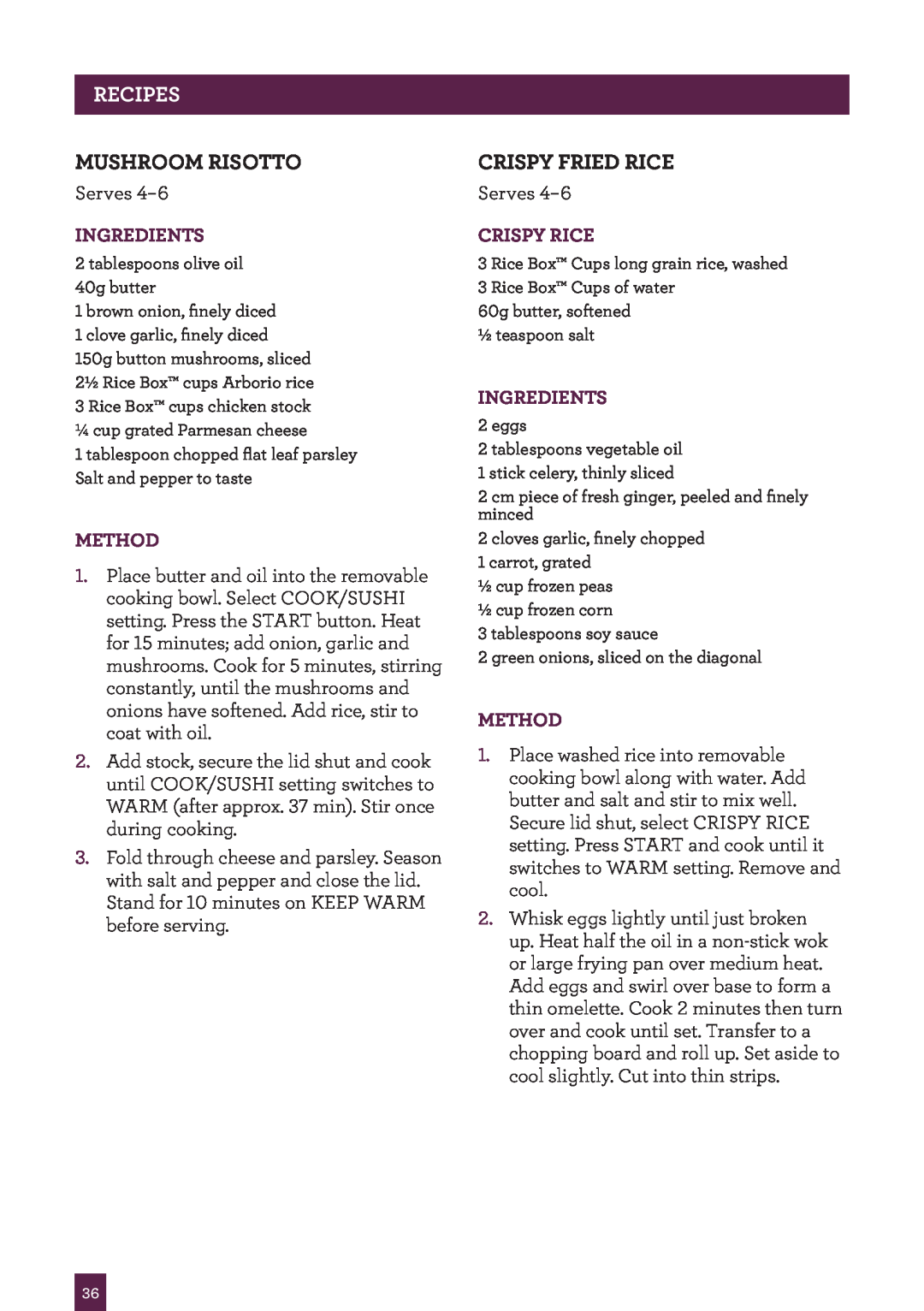 Breville BRC460 brochure Recipes, Mushroom Risotto, Crispy Fried Rice, Ingredients, Method, Crispy Rice 