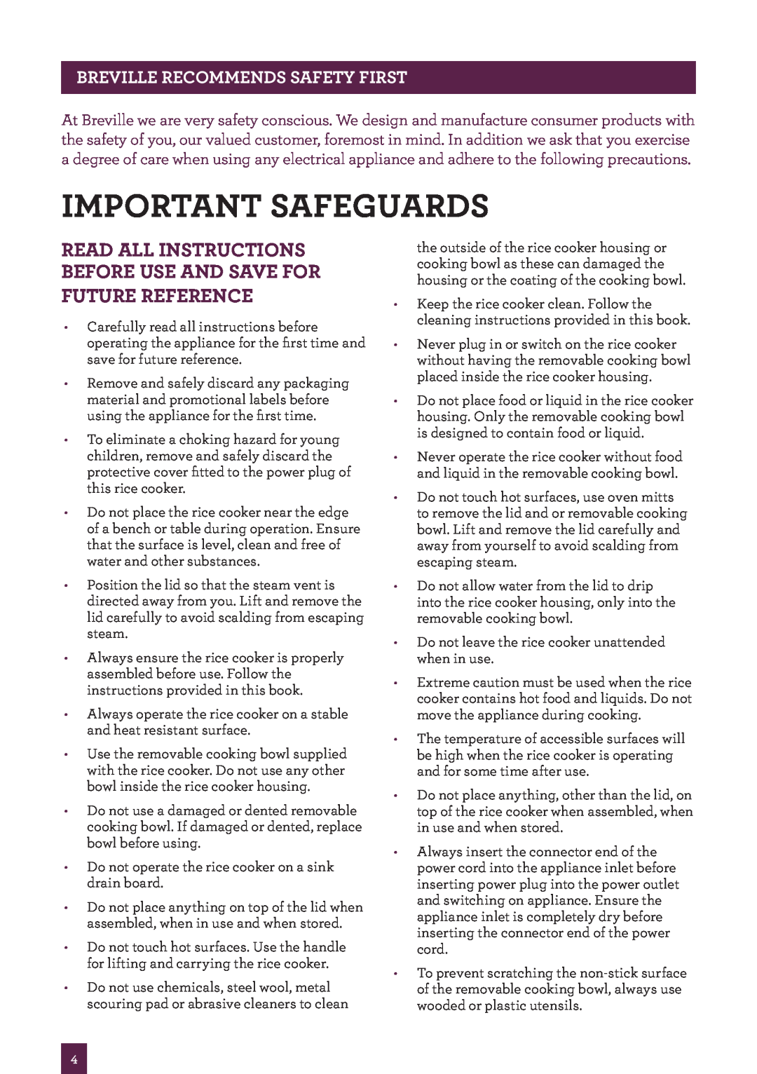 Breville BRC460 brochure Important safeguards, Breville recommends safety first 