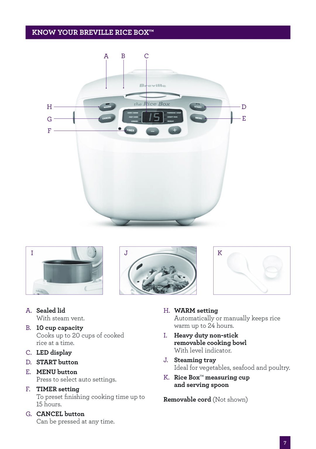 Breville BRC460 brochure KNOW YOUR BREVILLE Rice Box, A B C Hd Ge F 