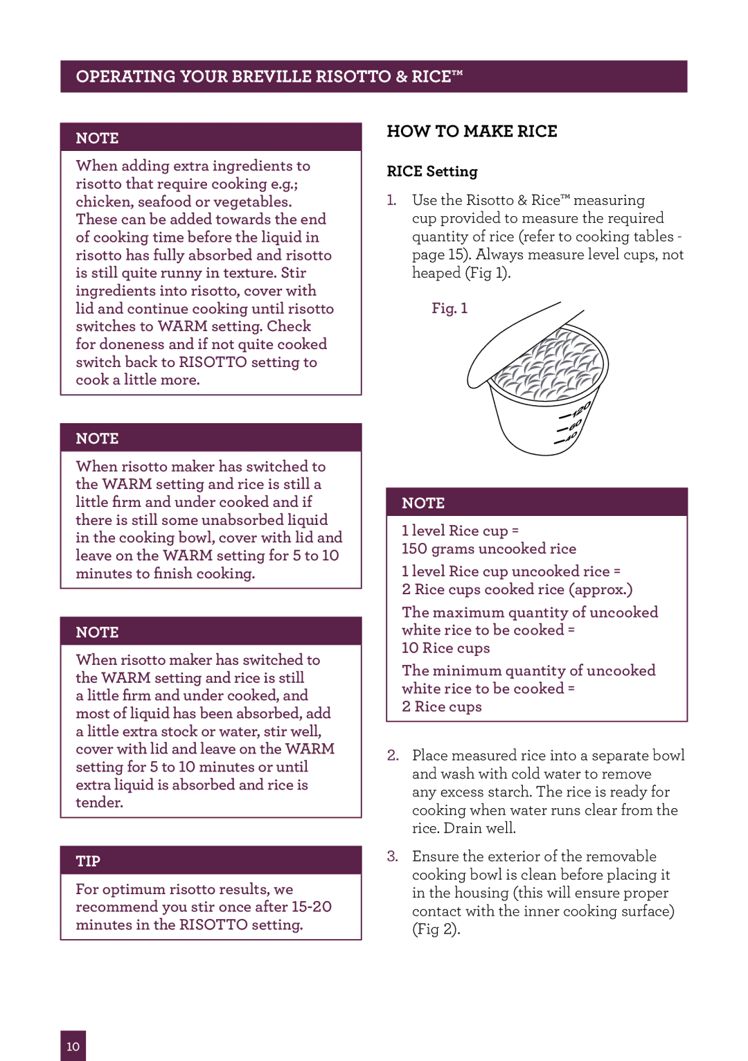 Breville BRC520 manual How to Make RiCE, Tip 