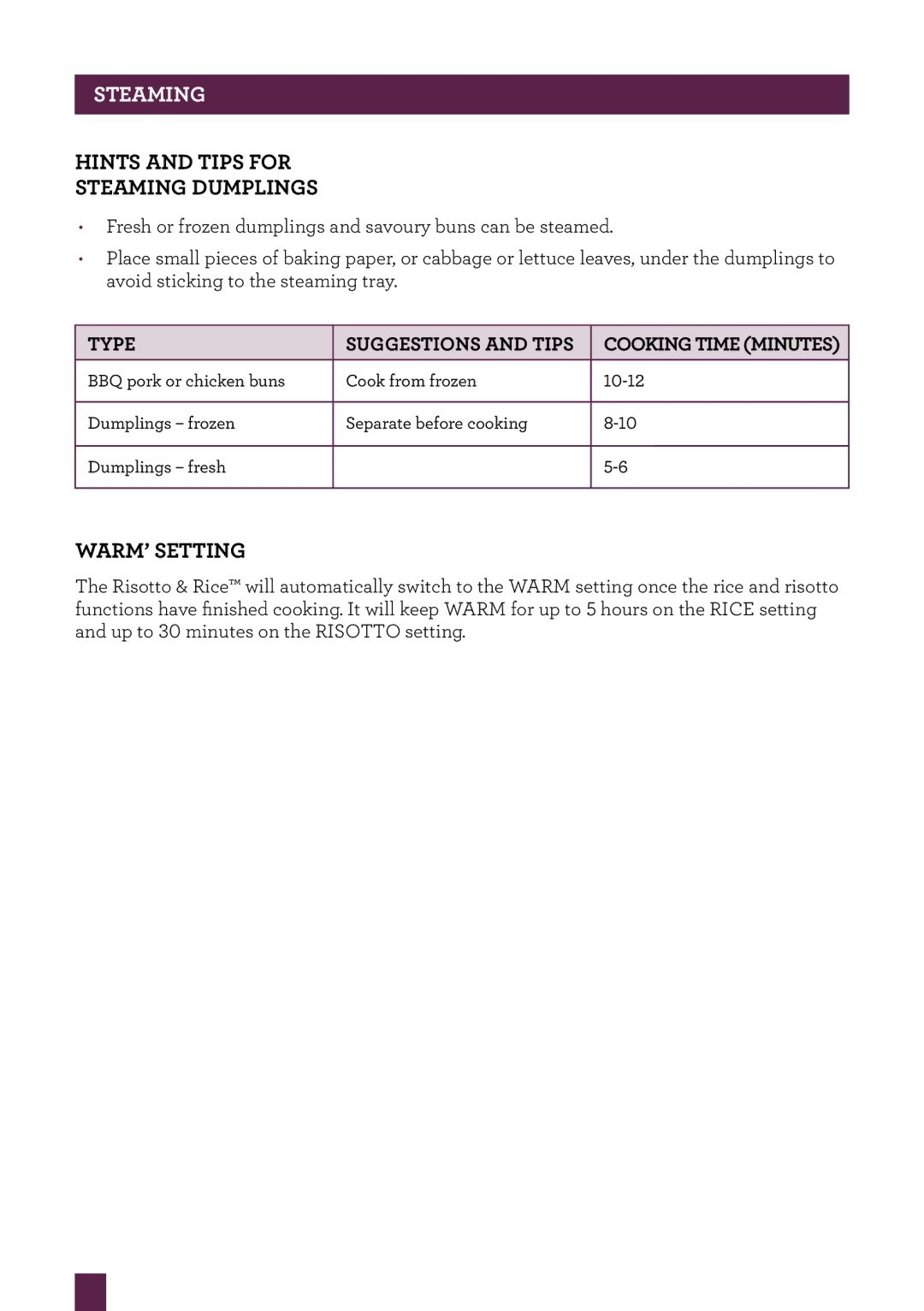 Breville BRC520 manual Hints and tips for steaming dumplings, Warm’ Setting 