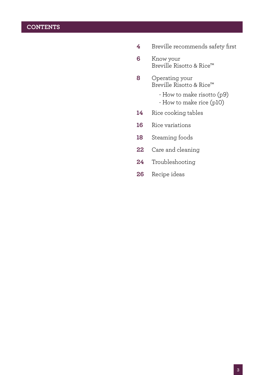 Breville BRC520 manual Contents 