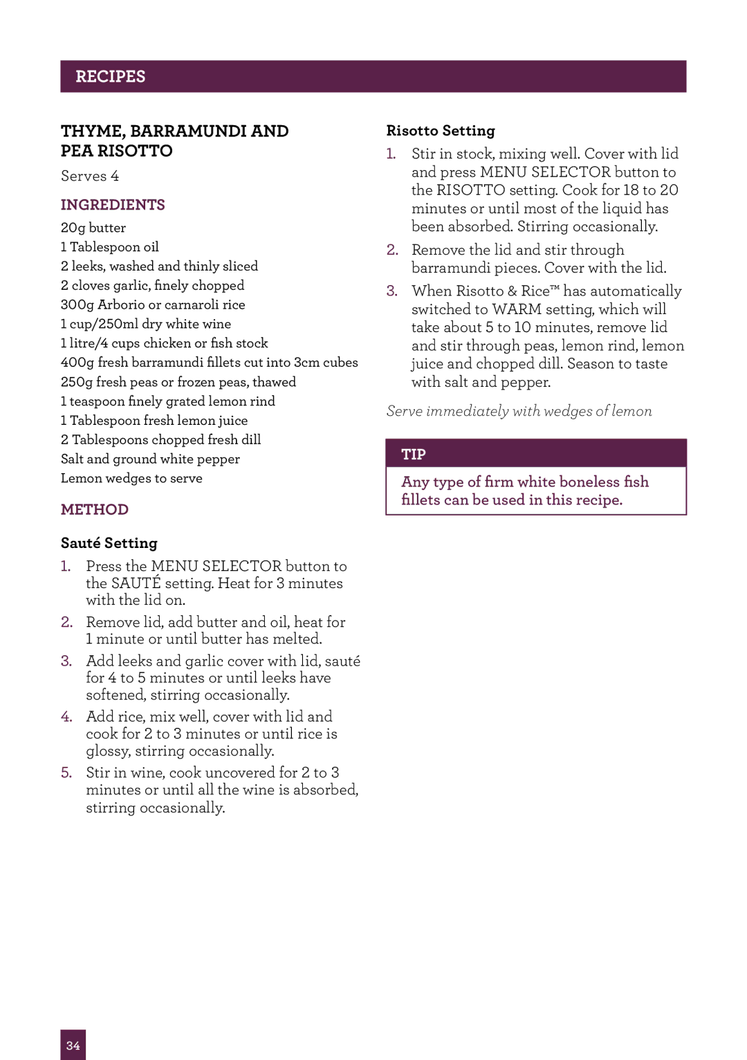 Breville BRC520 manual THYME, Barramundi and PEA Risotto 